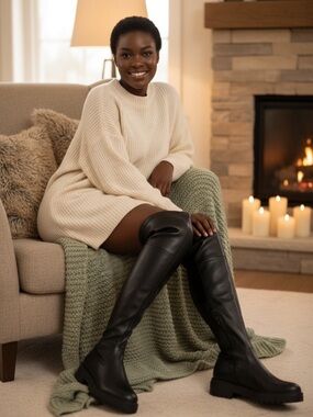 Over-the-Knee Black Leather Boots with Lug Sole
